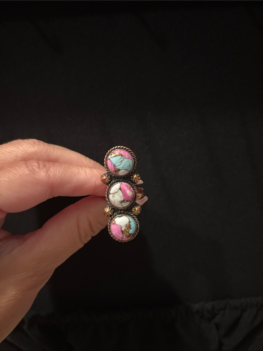 Three-Stone Pink and Turquoise Inlay Women’s Ring